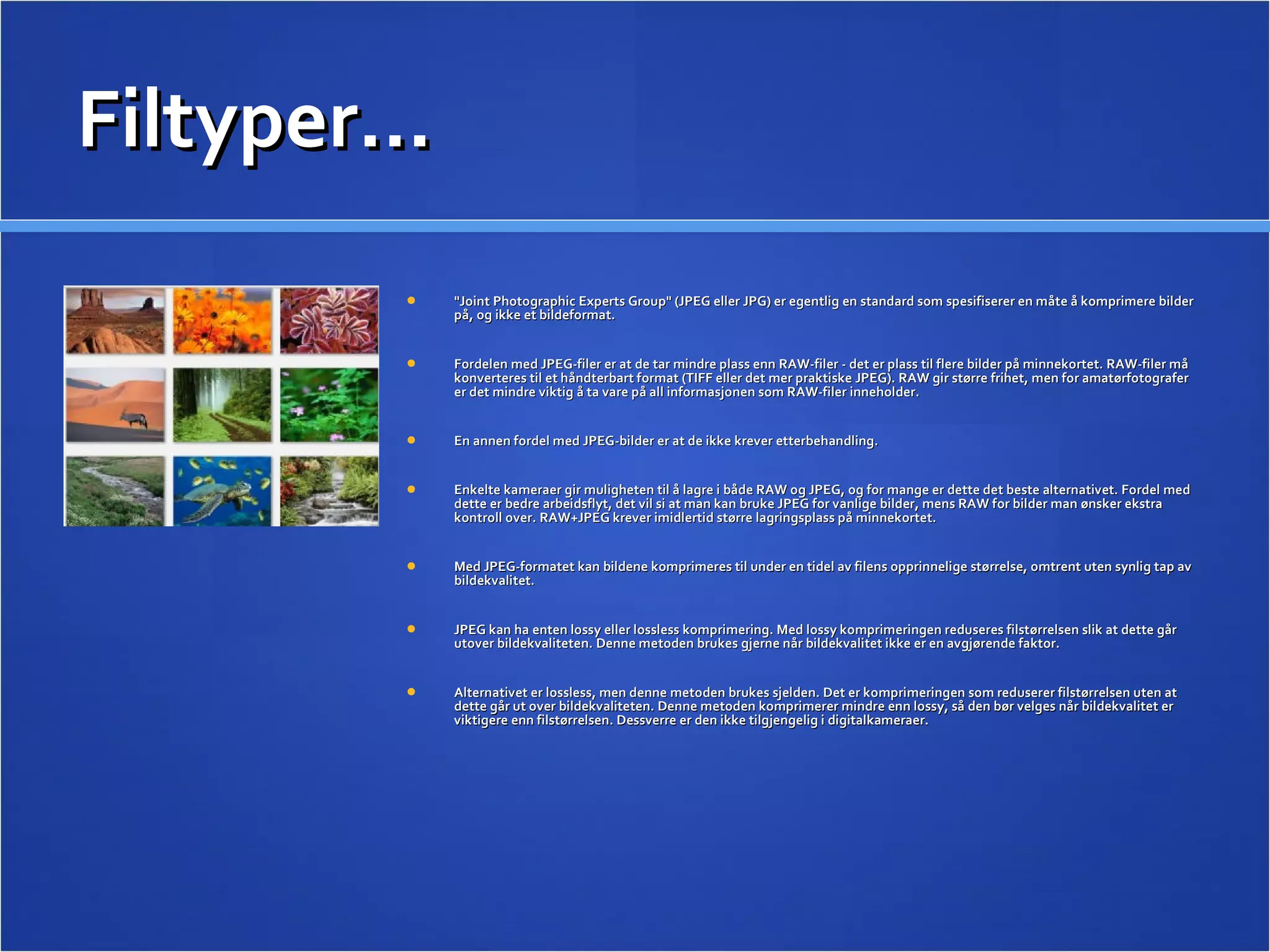 Filtyper… &quot;Joint Photographic Experts Group&quot; (JPEG eller JPG) er egentlig en standard som spesifiserer en måte å komprimere bilder på, og ikke et bildeformat.  Fordelen med JPEG-filer er at de tar mindre plass enn RAW-filer - det er plass til flere bilder på minnekortet. RAW-filer må konverteres til et håndterbart format (TIFF eller det mer praktiske JPEG). RAW gir større frihet, men for amatørfotografer er det mindre viktig å ta vare på all informasjonen som RAW-filer inneholder.  En annen fordel med JPEG-bilder er at de ikke krever etterbehandling.  Enkelte kameraer gir muligheten til å lagre i både RAW og JPEG, og for mange er dette det beste alternativet. Fordel med dette er bedre arbeidsflyt, det vil si at man kan bruke JPEG for vanlige bilder, mens RAW for bilder man ønsker ekstra kontroll over. RAW+JPEG krever imidlertid større lagringsplass på minnekortet.  Med JPEG-formatet kan bildene komprimeres til under en tidel av filens opprinnelige størrelse, omtrent uten synlig tap av bildekvalitet.  JPEG kan ha enten lossy eller lossless komprimering. Med lossy komprimeringen reduseres filstørrelsen slik at dette går utover bildekvaliteten. Denne metoden brukes gjerne når bildekvalitet ikke er en avgjørende faktor.  Alternativet er lossless, men denne metoden brukes sjelden. Det er komprimeringen som reduserer filstørrelsen uten at dette går ut over bildekvaliteten. Denne metoden komprimerer mindre enn lossy, så den bør velges når bildekvalitet er viktigere enn filstørrelsen. Dessverre er den ikke tilgjengelig i digitalkameraer.  