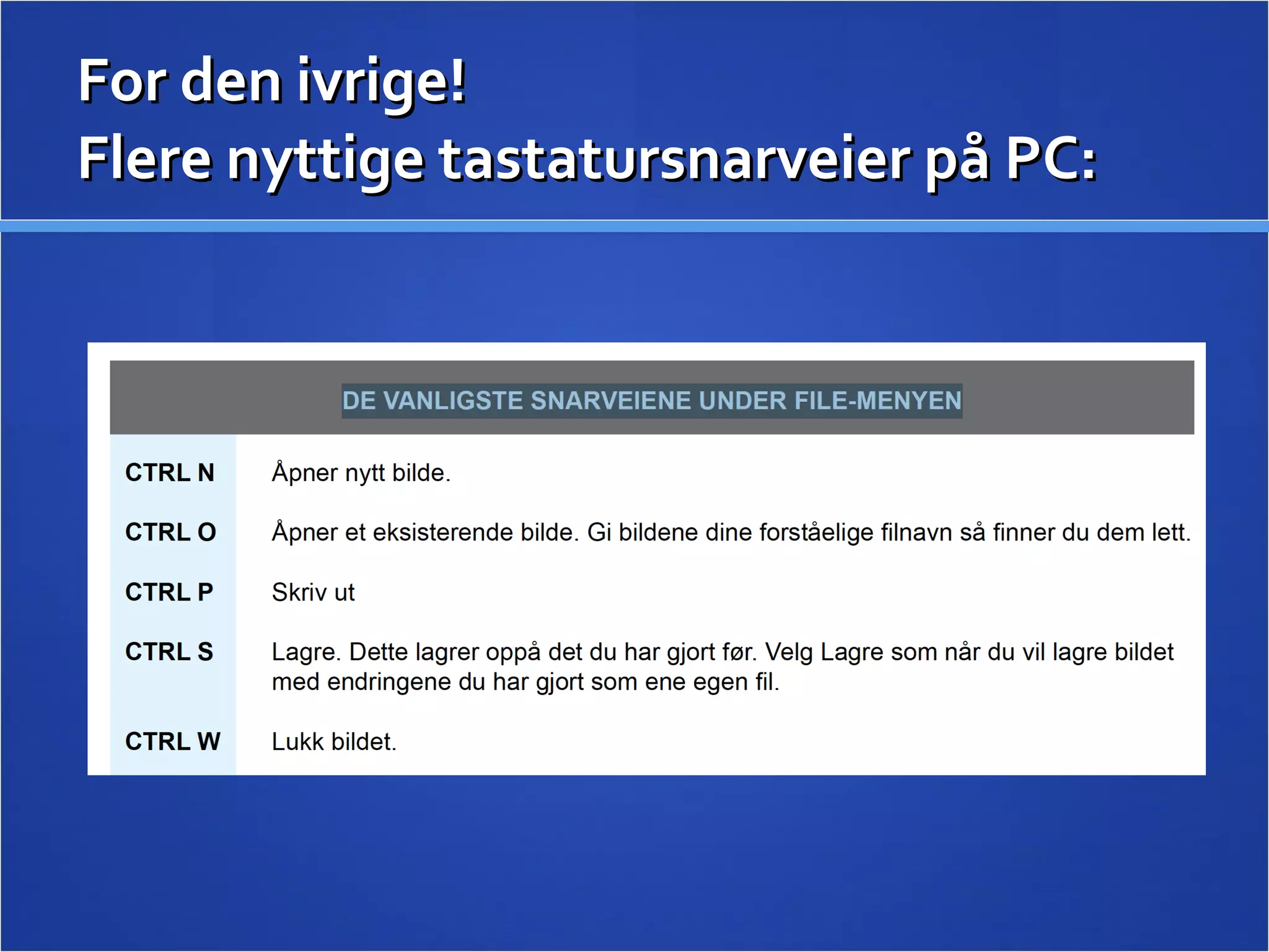 For den ivrige!  Flere nyttige tastatursnarveier på PC: 