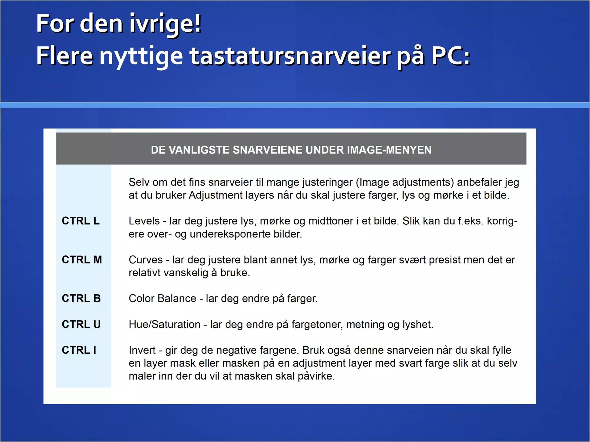 For den ivrige!  Flere  nyttige  tastatursnarveier på PC: 