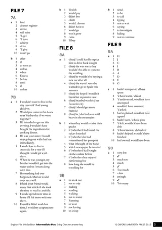 3© oxford university press 2013English File  third edition  Intermediate Plus  Entry Checker answer key
FILE 7
7A
a	1	find
	 2	 doesn’t register
	 3	arrive
	 4	 will miss
	 5	 ’ll, get
	 6	 ’ll have
	 7	achieve
	 8	drive
	 9	 ’ll give
	 10	 won’t go
b	1	after
	 2	if
	 3	 as soon as
	 4	unless
	 5	when
	 6	Unless
	 7	before
	 8	until
	 9	if
	10	unless
7B
a	 1	 I wouldn’t want to live in the
city centre if I had young
children.
	 2	 Would you come to the dance
next Wednesday if we went
together?
	 3	 If I intended to go out this
evening, I wouldn’t have
bought the ingredients for
cooking dinner.
	 4	 If I was your sister, I would
stop going out with that boy
immediately.
	 5	 I would love to live in
Australia for a year if I
thought I could get a job
there.
	 6	 When he was younger, my
brother wouldn’t get into the
water unless I swam along
with him.
	 7	 If something bad ever
happened, Marion would
cope very well.
	 8	 I think your friend would
enjoy that article if she took
the time to read it carefully.
	 9	 I would spend more time at
home if I felt more welcome
there.
	 10	 Even if it didn’t work last
time, I would try acupuncture
again.
b	 1	 ’ll wish
	 2	 would pay
	 3	 didn’t live
	 4	climb
	 5	 would, choose
	 6	 didn’t have to
	 7	 would go
	 8	 won’t grow
	 9	rains
	 10	 ’ll buy
FILE 8
8A
a	 1	 (that) I could hardly expect
him to drive back tonight
	 2	 (that) she was sorry they
wouldn’t be able to come to
the wedding
	 3	 (that) he wouldn’t be buying a
new car after all
	 4	 (that) she wasn’t sure she
wanted to go to Spain this
summer
	 5	 (that) she hoped I wouldn’t
break her expensive vase
	 6	 (that) Istanbul was his / her
favourite city
	 7	 (that) I should get more
exercise
	 8	 (that) he / she had seen wild
bears in the mountains
b	 1	 when they would receive their
grades
	 2	 if / whether I had found the
spices I needed
	 3	 if / whether she had
remembered her passport
	 4	 what I thought of the band
	 5	 which newspaper he wanted
	 6	 if / whether I had bought
clothes online before
	 7	 if / whether they enjoyed
performing live
	 8	 how long she would be
travelling for
8B
a	 1	 to work out
	 2	 not to trip
	 3	making
	 4	sending
	 5	walking
	 6	 not to water
	 7	Running
	 8	 to wear
	 9	 not having
	 10	 to set up
b	1	send
	 2	 to be
	 3	 to call
	 4	typing
	 5	 not to wait
	 6	saying
	 7	 to investigate
	 8	hiding
	 9	 not to continue
FILE 9
9A
a	1	H
	 2	J
	 3	C
	 4	I
	 5	B
	 6	A
	 7	D
	 8	E
	 9	G
c	 1	 hadn’t compared, ’d have
spent
	 2	 ’d have learnt, ’d read
	 3	 ’d understood, wouldn’t have
attempted
	 4	 wouldn’t have assumed,
’d asked
	 5	 had explained, wouldn’t have
agreed
	 6	 hadn’t seen, ’d have gone
	 7	 ’d left, wouldn’t have been
able
	 8	 ’d have known, ’d checked
	 9	 hadn’t helped, wouldn’t have
finished
	 10	 had owned, would have been
9B
a	 1	 very few
	2	✓
	 3	 much too
	 4	much
	5	✓
	 6	 Too much
	 7	 a few
	 8	enough
	9	✓
	 10	 Too many
 