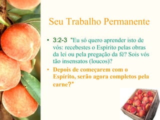 • 3:2-3 “Eu só quero aprender isto de
vós: recebestes o Espírito pelas obras
da lei ou pela pregação da fé? Sois vós
tão insensatos (loucos)?
• Depois de começarem com o
Espírito, serão agora completos pela
carne?”
Seu Trabalho Permanente
 