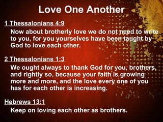 Love One Another
1 Thessalonians 4:9
Now about brotherly love we do not need to write
to you, for you yourselves have been taught by
God to love each other.
2 Thessalonians 1:3
We ought always to thank God for you, brothers,
and rightly so, because your faith is growing
more and more, and the love every one of you
has for each other is increasing.
Hebrews 13:1
Keep on loving each other as brothers.
 