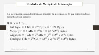 Unidades de Medição de Informação
Na informática a unidade mínima de medição de informação é bit que corresponde ao
tamanho de um caracter.
8 Bit’s = 1 Byte
1 Kilobyte = 1 Kb = 210 Bytes = 1024 Bytes
1 Megabyte = 1 Mb = 210Kb = (210x210) Bytes
1 Gigabyte = 1Gb = 210Mb = (210 x 210 x 210) Bytes
1 Terabyte 1Tb = 210Gb = (210 x 210 x 210 x 210) Bytes
Elaborado: Narcisio Reinaldo Mutemba 18
 