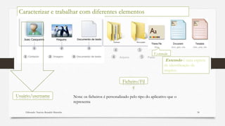 Elaborado: Narcisio Reinaldo Mutemba 58
Caracterizar e trabalhar com diferentes elementos
Usuário/username
4 5
4 Arquivo 5 Pasta
Ficheiro/Fil
e
Extensão
Extensão é uma espécie
de identificação de
arquivo
Nota: os ficheiros é personalizado pelo tipo do aplicativo que o
representa
 