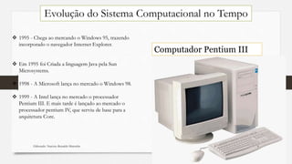  1995 - Chega ao mercando o Windows 95, trazendo
incorporado o navegador Internet Explorer.
 Em 1995 foi Criada a linguagem Java pela Sun
Microsystems.
 1998 - A Microsoft lança no mercado o Windows 98.
 1999 - A Intel lança no mercado o processador
Pentium III. E mais tarde é lançado ao mercado o
processador pentium IV, que serviu de base para a
arquitetura Core.
Computador Pentium III
Evolução do Sistema Computacional no Tempo
Elaborado: Narcisio Reinaldo Mutemba 6
 