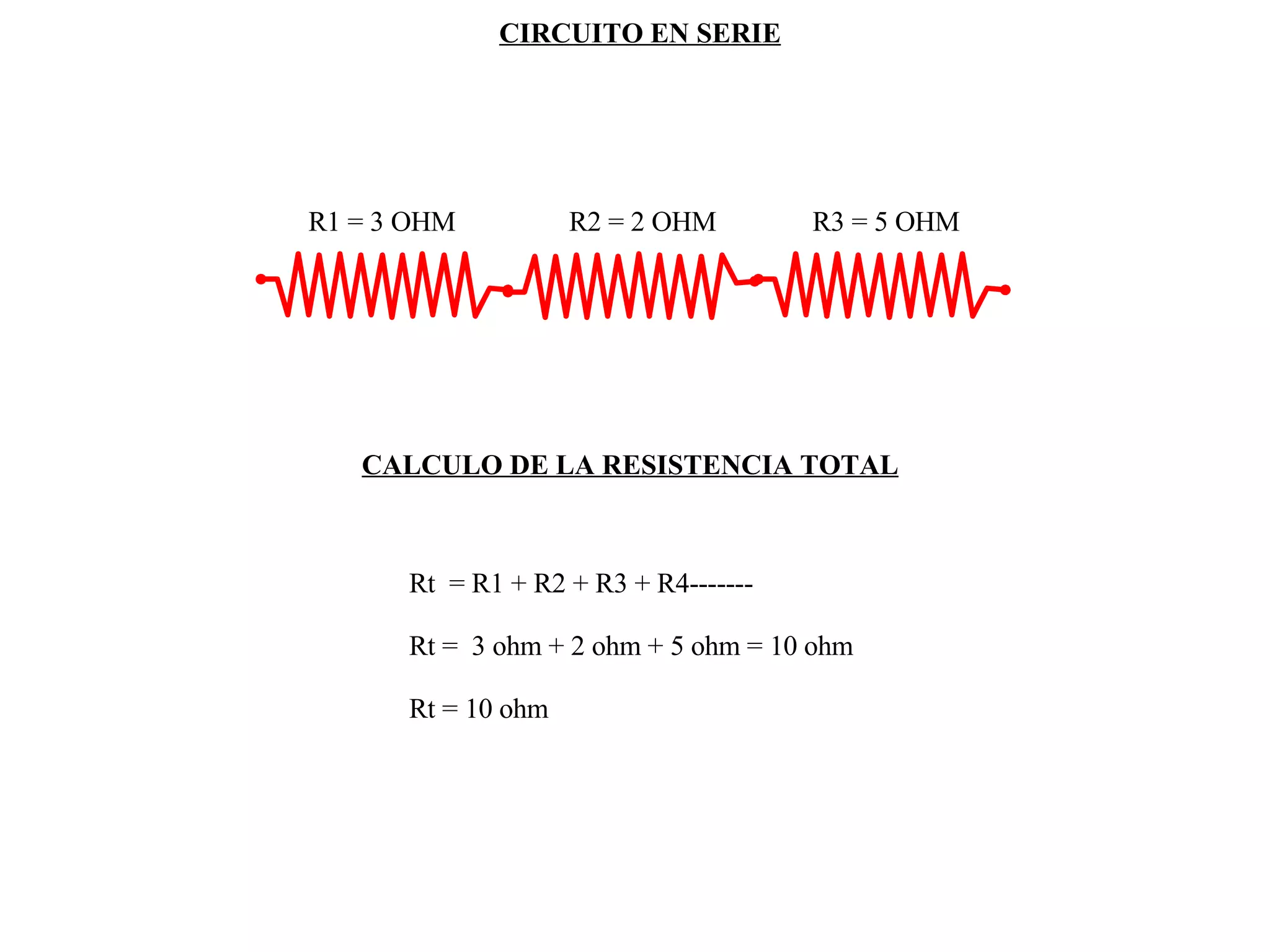 CIRCUITO EN SERIE Rt  = R1 + R2 + R3 + R4------- Rt =  3 ohm + 2 ohm + 5 ohm = 10 ohm Rt = 10 ohm CALCULO DE LA RESISTENCIA TOTAL R1 = 3 OHM R2 = 2 OHM R3 = 5 OHM 