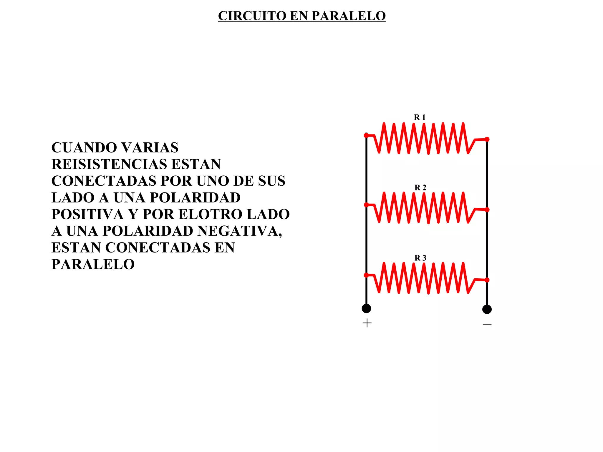 CIRCUITO EN PARALELO CUANDO VARIAS REISISTENCIAS ESTAN CONECTADAS POR UNO DE SUS LADO A UNA POLARIDAD POSITIVA Y POR ELOTRO LADO A UNA POLARIDAD NEGATIVA, ESTAN CONECTADAS EN PARALELO + _ R 1 R 2 R 3 