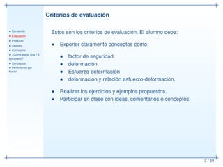 Criterios de evaluación
• Contenido
• Evaluación
• Producto
• Objetivo
• Conceptos
• ¿Cómo elegir una FS
apropiado?
• Conceptos
• Fenómenos por
ﬂexión
3 / 59
Estos son los criterios de evaluación. El alumno debe:
Exponer claramente conceptos como:
• factor de seguridad.
• deformación
• Esfuerzo-deformación
• deformación y relación esfuerzo-deformación.
Realizar los ejercicios y ejemplos propuestos.
Participar en clase con ideas, comentarios o conceptos.
 