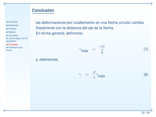 Conclusión
• Contenido
• Evaluación
• Producto
• Objetivo
• Conceptos
• ¿Cómo elegir una FS
apropiado?
• Conceptos
• Fenómenos por
ﬂexión
32 / 59
las deformaciones por cizallamiento en una ﬂecha circular cambia
linealmente con la distancia del eje de la ﬂecha.
En forma general, deﬁnimos:
γmáx =
cφ
L
(7)
y, obtenemos,
γ =
ρ
c
γmáx (8)
 