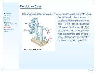 Ejercicio en Clase
• Contenido
• Evaluación
• Producto
• Objetivo
• Conceptos
• ¿Cómo elegir una FS
apropiado?
• Conceptos
• Fenómenos por
ﬂexión
37 / 59
Considere un sistema como el que se muestra en la siguiente ﬁgura:
Considerando que el esfuerzo
de cizallamiento permisible es
de(τ) 8 500 psi, la magnitud
del torque en el punto C (TC)
es 5 kip · in; (kip = klb) y ade-
más el ensamble está en equi-
librio. Determinar el diámetro
de la ﬂecha a) BC y b) EF.
 