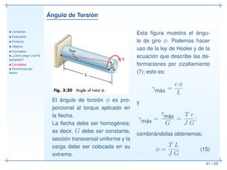 Ángulo de Torsión
• Contenido
• Evaluación
• Producto
• Objetivo
• Conceptos
• ¿Cómo elegir una FS
apropiado?
• Conceptos
• Fenómenos por
ﬂexión
41 / 59
El ángulo de torsión φ es pro-
porcional al torque aplicado en
la ﬂecha.
La ﬂecha debe ser homogénea;
es decir, G debe ser constante,
sección transversal uniforme y la
carga debe ser colocada en su
extremo.
Esta ﬁgura muestra el ángu-
lo de giro φ. Podemos hacer
uso de la ley de Hooke y de la
ecuación que describe las de-
formaciones por cizallamiento
(7); esto es:
γmáx =
c φ
L
y
γmáx =
τmáx
G
=
T c
J G
;
combinándolas obtenemos:
φ =
T L
J G
(15)
 