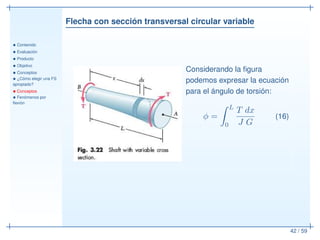 Flecha con sección transversal circular variable
• Contenido
• Evaluación
• Producto
• Objetivo
• Conceptos
• ¿Cómo elegir una FS
apropiado?
• Conceptos
• Fenómenos por
ﬂexión
42 / 59
Considerando la ﬁgura
podemos expresar la ecuación
para el ángulo de torsión:
φ =
L
0
T dx
J G
(16)
 