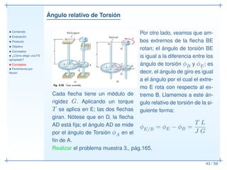 Ángulo relativo de Torsión
• Contenido
• Evaluación
• Producto
• Objetivo
• Conceptos
• ¿Cómo elegir una FS
apropiado?
• Conceptos
• Fenómenos por
ﬂexión
43 / 59
Cada ﬂecha tiene un módulo de
rigidez G. Aplicando un torque
T se aplica en E; las dos ﬂechas
giran. Nótese que en D, la ﬂecha
AD está ﬁja; el ángulo AD se mide
por el ángulo de Torsión φA en el
ﬁn de A.
Por otro lado, veamos que am-
bos extremos de la ﬂecha BE
rotan; el ángulo de torsión BE
is igual a la diferencia entre los
ángulo de torsión φB y φE; es
decir, el ángulo de giro es igual
a el ángulo por el cual el extre-
mo E rota con respecto al ex-
tremo B. Llamemos a este án-
gulo relativo de torsión de la si-
guiente forma:
φE/B = φE − φB =
T L
J G
Realizar el problema muestra 3., pág.165.
 