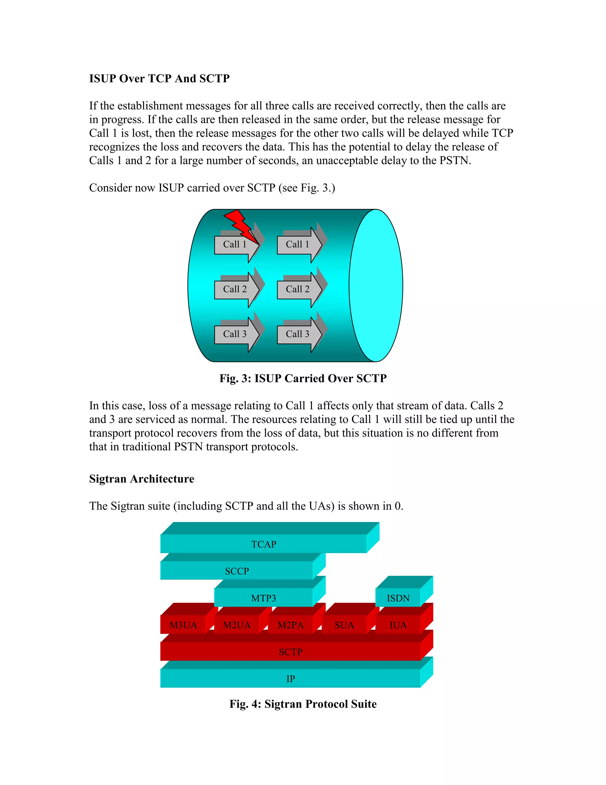 ISUP Over TCP And SCTP

If the establishment messages for all three calls are received correctly, then the calls are
in progress. If the calls are then released in the same order, but the release message for
Call 1 is lost, then the release messages for the other two calls will be delayed while TCP
recognizes the loss and recovers the data. This has the potential to delay the release of
Calls 1 and 2 for a large number of seconds, an unacceptable delay to the PSTN.

Consider now ISUP carried over SCTP (see Fig. 3.)



                             Call 1           Call 1



                             Call 2           Call 2



                             Call 3           Call 3



                            Fig. 3: ISUP Carried Over SCTP

In this case, loss of a message relating to Call 1 affects only that stream of data. Calls 2
and 3 are serviced as normal. The resources relating to Call 1 will still be tied up until the
transport protocol recovers from the loss of data, but this situation is no different from
that in traditional PSTN transport protocols.

Sigtran Architecture

The Sigtran suite (including SCTP and all the UAs) is shown in 0.


                                      TCAP

                              SCCP

                                      MTP3                       ISDN

                 M3UA        M2UA            M2PA      SUA        IUA

                                             SCTP

                                              IP

                              Fig. 4: Sigtran Protocol Suite
 