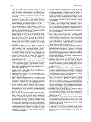 Cohen MG; American Heart Association Council on Clinical
Cardiology; Council on Cardiovascular and Stroke Nursing; Council on
Quality of Care and Outcomes Research; and Mission: Lifeline.
Contemporary management of cardiogenic shock: a scientific state-
ment from the American Heart Association. Circulation 2017;136:
e232-68–e268.
11. Atkinson TM, Ohman EM, O’Neill WW, Rab T, Cigarroa JE;
Interventional Scientific Council of the American College of
Cardiology. A practical approach to mechanical circulatory support
in patients undergoing percutaneous coronary intervention: an inter-
ventional perspective. JACC Cardiovasc Interv 2016;9:871–883.
12. Baran DA, Grines CL, Bailey S. SCAI clinical expert consensus state-
ment on the classification of cardiogenic shock: this document was
endorsed by the American College of Cardiology (ACC), the
American Heart Association (AHA), the Society of Critical Care
Medicine (SCCM), and the Society of Thoracic Surgeons (STS) in April
2019. Catheter Cardiovasc Interv 2019;94:29–37.
13. Fang JC, Ewald GA, Allen LA, Butler J, Westlake Canary CA, Colvin-
Adams M, Dickinson MG, Levy P, Stough WG, Sweitzer NK, Teerlink
JR, Whellan DJ, Albert NM, Krishnamani R, Rich MW, Walsh MN,
Bonnell MR, Carson PE, Chan MC, Dries DL, Hernandez AF,
Hershberger RE, Katz SD, Moore S, Rodgers JE, Rogers JG, Vest AR,
Givertz MM; Heart Failure Society of America Guidelines Committee.
Advanced (stage D) heart failure: a statement from the Heart
Failure Society of America Guidelines Committee. J Card Fail 2015;
21:519–534.
14. Crespo-Leiro MG, Metra M, Lund LH, Milicic D, Costanzo MR,
Filippatos G, Gustafsson F, Tsui S, Barge-Caballero E, De Jonge N,
Frigerio M, Hamdan R, Hasin T, Hülsmann M, Nalbantgil S, Potena L,
Bauersachs J, Gkouziouta A, Ruhparwar A, Ristic AD, Straburzynska-
Migaj E, McDonagh T, Seferovic P, Ruschitzka F. Advanced heart fail-
ure: a position statement of the Heart Failure Association of the
European Society of Cardiology. Eur J Heart Fail 2018;20:1505–1535.
15. Stevenson LW, Pagani FD, Young JB, Jessup M, Miller L, Kormos RL,
Naftel DC, Ulisney K, Desvigne-Nickens P, Kirklin JK. INTERMACS pro-
files of advanced heart failure: the current picture. J Heart Lung
Transplant 2009;28:535–541.
16. Thiele H, Zeymer U, Neumann F-J, Ferenc M, Olbrich H-G,
Hausleiter J, Richardt G, Hennersdorf M, Empen K, Fuernau G, Desch
S, Eitel I, Hambrecht R, Fuhrmann J, Böhm M, Ebelt H, Schneider S,
Schuler G, Werdan K; IABP-SHOCK II Trial Investigators. Intraaortic
balloon support for myocardial infarction with cardiogenic shock. N
Engl J Med 2012;367:1287–1296.
17. Thiele H, Ohman EM, Desch S, Eitel I, De Waha S. Management of
cardiogenic shock. European Heart Journal 2015;36:1223–1230.
10.1093/eurheartj/ehv051 25732762
18. Berg DD, Bohula EA, van Diepen S, et al.. Epidemiology of shock in
contemporary cardiac intensive care units. Circ Cardiovasc Qual
Outcomes 2019;12:e005618.
19. Redfors B, Angerås O, Råmunddal T, Dworeck C, Haraldsson I, Ioanes
D, Petursson P, Libungan B, Odenstedt J, Stewart J, Lodin E, Wahlin
M, Albertsson P, Matejka G, Omerovic E. 17-year trends in incidence
and prognosis of cardiogenic shock in patients with acute myocardial
infarction in western Sweden. Int J Cardiol 2015;185:256–262.
20. Hochman JS, Sleeper LA, Webb JG, Sanborn TA, White HD, Talley JD,
Buller CE, Jacobs AK, Slater JN, Col J, McKinlay SM, LeJemtel TH.
Early revascularization in acute myocardial infarction complicated
by cardiogenic shock. SHOCK Investigators. Should We Emergently
Revascularize Occluded Coronaries for Cardiogenic Shock. N Engl J
Med 1999;341:625–634.
21. Antman EM, Anbe DT, Armstrong PW, Bates ER, Green LA, Hand M,
Hochman JS, Krumholz HM, Kushner FG, Lamas GA, Mullany CJ,
Ornato JP, Pearle DL, Sloan MA, Smith SC, Alpert JS, Anderson JL,
Faxon DP, Fuster V, Gibbons RJ, Gregoratos G, Halperin JL, Hiratzka
LF, Hunt SA, Jacobs AK; American College of Cardiology/American
Heart Association Task Force on Practice Guidelines (Writing
Committee to Revise the 1999 Guidelines for the Management of
Patients With Acute Myocardial Infarction). ACC/AHA guidelines for
the management of patients with ST-elevation myocardial infarction
– executive summary: a report of the American College of
Cardiology/American Heart Association Task Force on Practice
Guidelines (Writing Committee to Revise the 1999 Guidelines for the
Management of Patients With Acute Myocardial Infarction).
Circulation 2004;110:588–636.
22. O’Gara PT, Kushner FG, Ascheim DD, Casey DE, Chung MK, de Lemos
JA, Ettinger SM, Fang JC, Fesmire FM, Franklin BA, Granger CB,
Krumholz HM, Linderbaum JA, Morrow DA, Newby LK, Ornato JP, Ou
N, Radford MJ, Tamis-Holland JE, Tommaso JE, Tracy CM, Woo YJ,
Zhao DX; CF/AHA Task Force. 2013 ACCF/AHA guideline for the man-
agement of ST-elevation myocardial infarction: executive summary:
a report of the American College of Cardiology Foundation/American
Heart Association Task Force on Practice Guidelines. Circulation
2013;127:529–555.
23. Van de Werf F, Bax J, Betriu A, Blomstrom-Lundqvist C, Crea F, Falk
V, Filippatos G, Fox K, Huber K, Kastrati A, Rosengren A, Steg PG,
Tubaro M, Verheugt F, Weidinger F, Weis M; ESC Committee for
Practice Guidelines (CPG). Management of acute myocardial infarc-
tion in patients presenting with persistent ST-segment elevation: the
Task Force on the Management of ST-Segment Elevation Acute
Myocardial Infarction of the European Society of Cardiology. Eur
Heart J 2008;29:2909–2945.
24. Wijns W, Kolh P, Danchin N, Di Mario C, Falk V, Folliguet T, Garg S,
Huber K, James S, Knuuti J, Lopez-Sendon J, Marco J, Menicanti L,
Ostojic M, Piepoli MF, Pirlet C, Pomar JL, Reifart N, Ribichini FL,
Schalij MJ, Sergeant P, Serruys PW, Silber S, Sousa Uva M, Taggart D;
Task Force on Myocardial Revascularization of the European Society
of Cardiology (ESC) and the European Association for Cardio-
Thoracic Surgery (EACTS); European Association for Percutaneous
Cardiovascular Interventions (EAPCI). Guidelines on myocardial re-
vascularization. Eur Heart J 2010;31:2501–2555.
25. Steg PG, James SK, Atar D, Badano LP, Blömstrom-Lundqvist C,
Borger MA, Di Mario C, Dickstein K, Ducrocq G, Fernandez-Aviles F,
Gershlick AH, Giannuzzi P, Halvorsen S, Huber K, Juni P, Kastrati A,
Knuuti J, Lenzen MJ, Mahaffey KW, Valgimigli M, van ’t Hof A,
Widimsky P, Zahger D; Task Force on the management of ST-segment
elevation acute myocardial infarction of the European Society of
Cardiology (ESC). ESC Guidelines for the management of acute myo-
cardial infarction in patients presenting with ST-segment elevation.
Eur Heart J 2012;33:2569–2619.
26. Windecker S, Kolh P, Alfonso F, et al. 2014 ESC/EACTS Guidelines on
myocardial revascularization: the Task Force on Myocardial
Revascularization of the European Society of Cardiology (ESC) and
the European Association for Cardio-Thoracic Surgery (EACTS).
Developed with the special contribution of the European Association
of Percutaneous Cardiovascular Interventions (EAPCI). Eur Heart J
2014;35:2541–2619.
27. Neumann F-J, Sousa-Uva M, Ahlsson A, Alfonso F, Banning AP,
Benedetto U, Byrne RA, Collet J-P, Falk V, Head SJ, Jüni P, Kastrati
A, Koller A, Kristensen SD, Niebauer J, Richter DJ, Seferovic PM,
Sibbing D, Stefanini GG, Windecker S, Yadav R, Zembala MO; ESC
Scientific Document Group. 2018 ESC/EACTS Guidelines on myocar-
dial revascularization. Eur Heart J 2019;40:87–165.
28. Ibanez B, James S, Agewall S, Antunes MJ, Bucciarelli-Ducci C,
Bueno H, Caforio ALP, Crea F, Goudevenos JA, Halvorsen S, Hindricks
G, Kastrati A, Lenzen MJ, Prescott E, Roffi M, Valgimigli M,
Varenhorst C, Vranckx P, Widimsk
y P; ESC Scientific Document
Group. 2017 ESC Guidelines for the management of acute myocardial
infarction in patients presenting with ST-segment elevation: the Task
Force for the management of acute myocardial infarction in patients
presenting with ST-segment elevation of the European Society of
Cardiology (ESC). Eur Heart J 2018;39:119–177.
29. Anderson RD, Ohman EM, Holmes DR Jr, Col I, Stebbins AL, Bates ER,
Stomel RJ, Granger CB, Topol EJ, Califf RM. Use of intraaortic bal-
loon counterpulsation in patients presenting with cardiogenic shock:
observations from the GUSTO-I Study. Global Utilization of
Streptokinase and TPA for Occluded Coronary Arteries. J Am Coll
Cardiol 1997;30:708–715.
30. Ohman EM, Nanas J, Stomel RJ, Leesar MA, Nielsen DWT, O’Dea D,
Rogers FJ, Harber D, Hudson MP, Fraulo E, Shaw LK, Lee KL; TACTICS
Trial. Thrombolysis and counterpulsation to improve survival in myo-
cardial infarctioncomplicated by hypotension and suspected cardio-
genic shock of heart failure: results of the TACTICS trial. J Thromb
Thrombolysis 2005;19:33–39.
31. Zeymer U, Hochadel M, Hauptmann K-E, Wiegand K, Schuhmacher
B, Brachmann J, Gitt A, Zahn R. Intra-aortic balloon pump in
patients with acute myocardial infarction complicated by cardio-
genic shock: results of the ALKK-PCI registry. Clin Res Cardiol 2013;
102:223–227.
C218 R. Rossini et al.
Downloaded
from
https://academic.oup.com/eurheartjsupp/article/23/Supplement_C/C204/6357813
by
guest
on
30
August
2021
 