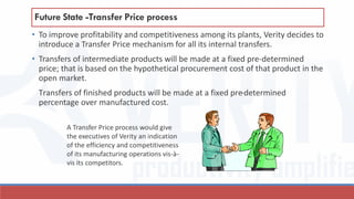 • To improve profitability and competitiveness among its plants, Verity decides to
introduce a Transfer Price mechanism for all its internal transfers.
• Transfers of intermediate products will be made at a fixed pre-determined
price; that is based on the hypothetical procurement cost of that product in the
open market.
Transfers of finished products will be made at a fixed pre-determined
percentage over manufactured cost.
Future State -Transfer Price process
A Transfer Price process would give
the executives of Verity an indication
of the efficiency and competitiveness
of its manufacturing operations vis-à-
vis its competitors.
 