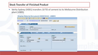  Verity Sydney (V001) transfers 10 TO of cement to its Melbourne Distribution
plant (V005)
Stock Transfer of Finished Product
 