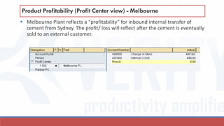  Melbourne Plant reflects a “profitability” for inbound internal transfer of
cement from Sydney. The profit/ loss will reflect after the cement is eventually
sold to an external customer.
Product Profitability (Profit Center view) - Melbourne
 