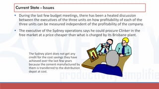  During the last few budget meetings, there has been a heated discussion
between the executives of the three units on how profitability of each of the
three units can be measured independent of the profitability of the company.
 The executive of the Sydney operations says he could procure Clinker in the
free market at a price cheaper than what is charged by its Brisbane plant.
Current State - Issues
The Sydney plant does not get any
credit for the cost savings they have
achieved over the last few years
because the cement manufactured by
them is transferred to the distribution
depot at cost.
 