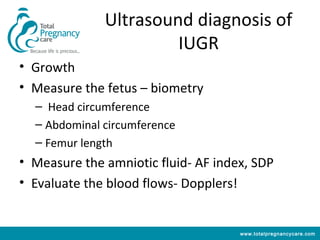Ultrasound diagnosis of
                       IUGR
• Growth
• Measure the fetus – biometry
  – Head circumference
  – Abdominal circumference
  – Femur length
• Measure the amniotic fluid- AF index, SDP
• Evaluate the blood flows- Dopplers!


                                     www.totalpregnancycare.com
 