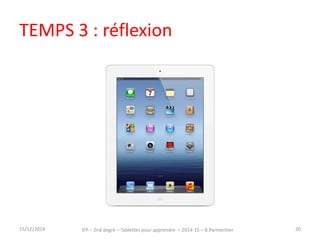 TEMPS 3 : réflexion 
15/12/2014 IFP – 2nd degré – Tablettes pour apprendre – 2014-15 – B.Parmentier 20 
 