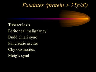 Exudates (protein > 25g/dl)
Tuberculosis
Peritoneal malignancy
Budd chiari synd
Pancreatic ascites
Chylous ascites
Meig’s synd
 