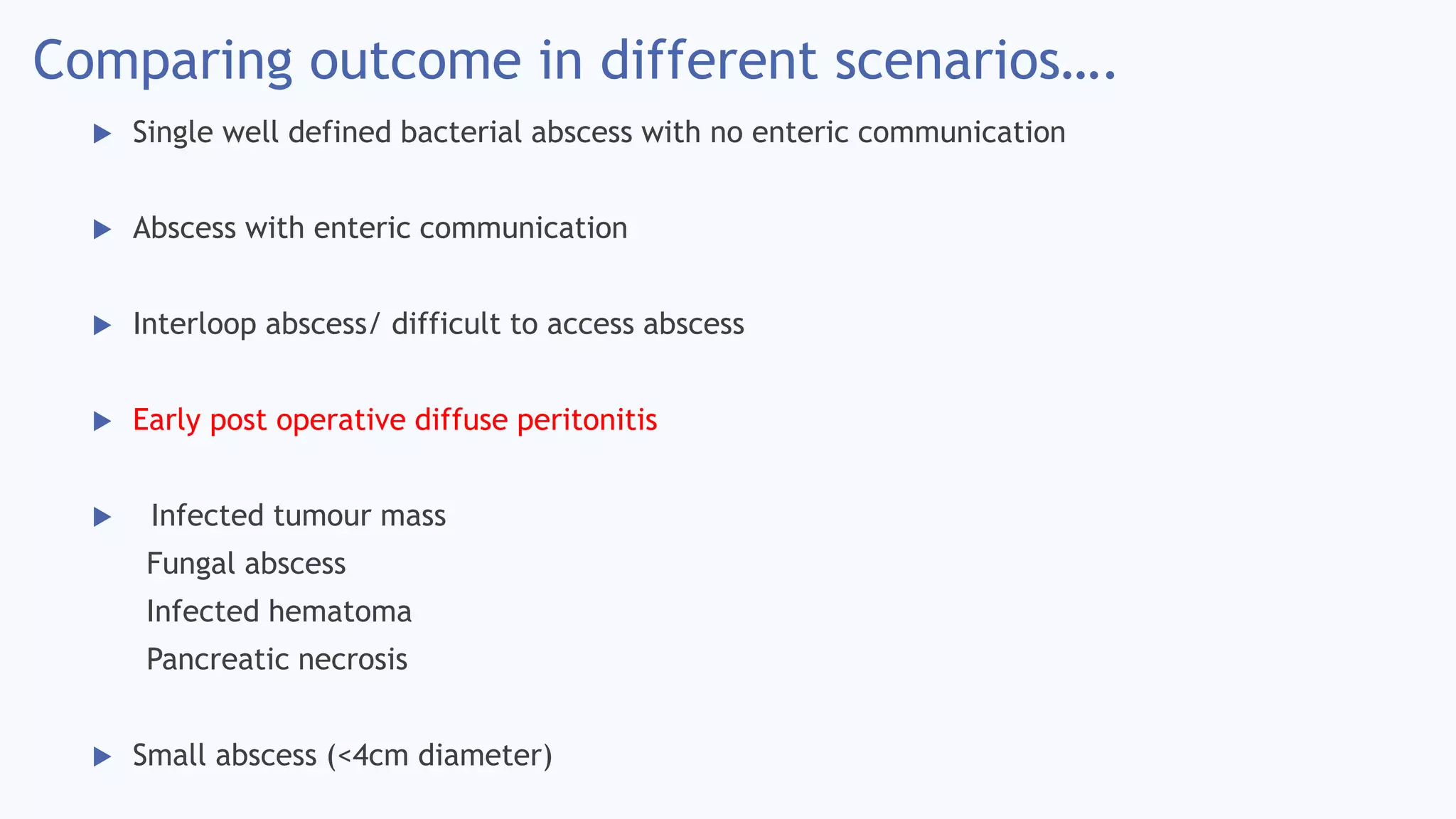 Comparing outcome in different scenarios….
 Single well defined bacterial abscess with no enteric communication
 Abscess with enteric communication
 Interloop abscess/ difficult to access abscess
 Early post operative diffuse peritonitis
 Infected tumour mass
Fungal abscess
Infected hematoma
Pancreatic necrosis
 Small abscess (<4cm diameter)
 