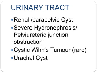 URINARY TRACT
Renal /parapelvic Cyst
Severe Hydronephrosis/
Pelviureteric junction
obstruction
Cystic Wilm’s Tumour (rare)
Urachal Cyst
 