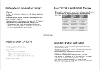 Electrolytes in combination therapy
• Infusions
• In short term therapy, infusion of std. glucose & saline is
adequate
• when deficits are severe, solutions containing additional
electrolytes are required
• Fluid maintenance- maintenance therapy with IV fluid to
supply normal requirement of water, electrolytes
• All maintenance dose should contain atleast 5% dextrose
• This minimizes buildup of those metabolites associated with
starvation- urea, phosphate, ketone bodies
Electrolytes in combination therapy
• Electrolyte replacement- when there is heavy loss of water
& electrolytes as in prolonged fever, severe vomiting,
diarrhea Maintenance
solution
Rapid initial
replacement
therapy
Subsequent
replacement
therapy
25‐30 mEq/l Na 130‐150 mEq/l Na 40‐120 mEq/l Na
15‐20 mEq/l K 4‐12 mEq/l K 16‐35 mEq/l K
22 mEq/l Cl 98‐ 109 mEq/l Cl 30‐103 mEq/l Cl
20‐23 mEq/l HCO3 28‐55 mEq/l HCO3 16‐53 mEq/l HCO3
3 mEq/l Mg 3‐5 mEq/l Ca 0‐5 mEq/l Ca
3 mEq/l P 3 mEq/l Mg 3‐6 mEq/l Mg
0‐13 mEq/l P
Ringers’ solution (IP 2007)
• It is a Compound Sodium Chloride Solution
• solution containing
• 0.86 per cent w/v of Sodium Chloride,
• 0.03 per cent w/v of Potassium Chloride and
• 0.033 per cent w/v of Calcium Chloride in Purified Water
• Is a clear, colourless solution.
Oral Rehydration Salt (ORS)
• Contains anhydrous glucose, sodium chloride, potassium chloride and sodium
bicarbonate/sodium citrate
• Intended for the prevention and treatment of dehydration due to diarrhoea,
including maintenance therapy
• Are dry preparations to be mixed in specific amounts of water
• Used for oral rehydration therapy
• Home version: 1 tablespoon salt + 2 tablespoons sugar in 1 L of water
• ORS and zinc are recommended by the WHO and UNICEF to be used
collectively to ensure the effective treatment of diarrhoea
• ORS replaces the essential fluids and salts lost through diarrhoea
• Zinc decreases the duration and severity of an episode and reduces the risk of
recurrence in the immediate short term
Abhijeet Dalvi
 