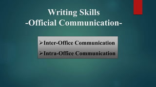Writing Skills
-Official Communication-
Inter-Office Communication
Intra-Office Communication
 
