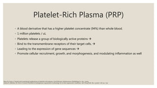 Platelet-Rich Plasma (PRP)
◦ A blood derivative that has a higher platelet concentrate (94%) than whole blood.
◦ 1 million platelets / uL
◦ Platelets release a group of biologically active proteins 
◦ Bind to the transmembrane receptors of their target cells, 
◦ Leading to the expression of gene sequences 
◦ Promote cellular recruitment, growth, and morphogenesis, and modulating inflammation as well
Anitua E, Sánchez M, Orive G (2010) Potential of endogenous regenerative technology for in situ regenerative medicine. Adv Drug Deliv Rev 15;62(7–8):741–752
Marx R, Garg A. Dental and craniofacial applications of platelet-rich plasma. Carol Stream: Quintessence Publishing Co, Inc.; 2005.
 