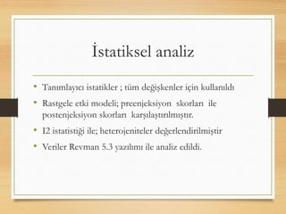 İstatiksel analiz
• Tanımlayıcı istatikler ; tüm değişkenler için kullanıldı
• Rastgele etki modeli; preenjeksiyon skorları ile
postenjeksiyon skorları karşılaştırılmıştır.
• I2 istatistiği ile; heterojeniteler değerlendirilmiştir
• Veriler Revman 5.3 yazılımı ile analiz edildi.
 