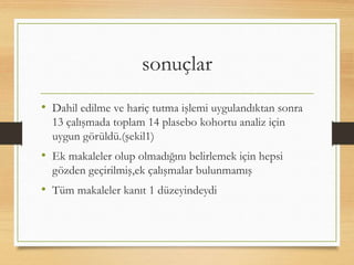 sonuçlar
• Dahil edilme ve hariç tutma işlemi uygulandıktan sonra
13 çalışmada toplam 14 plasebo kohortu analiz için
uygun görüldü.(şekil1)
• Ek makaleler olup olmadığını belirlemek için hepsi
gözden geçirilmiş,ek çalışmalar bulunmamış
• Tüm makaleler kanıt 1 düzeyindeydi
 