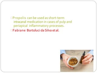Propolis can be used as short-term
intracanal medication in cases of pulp and
periapical inflammatory processes.
Fabiane Bortoluci da Silva etal.
 