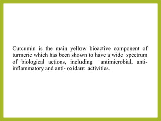 Curcumin is the main yellow bioactive component of
turmeric which has been shown to have a wide spectrum
of biological actions, including antimicrobial, anti-
inflammatory and anti- oxidant activities.
 