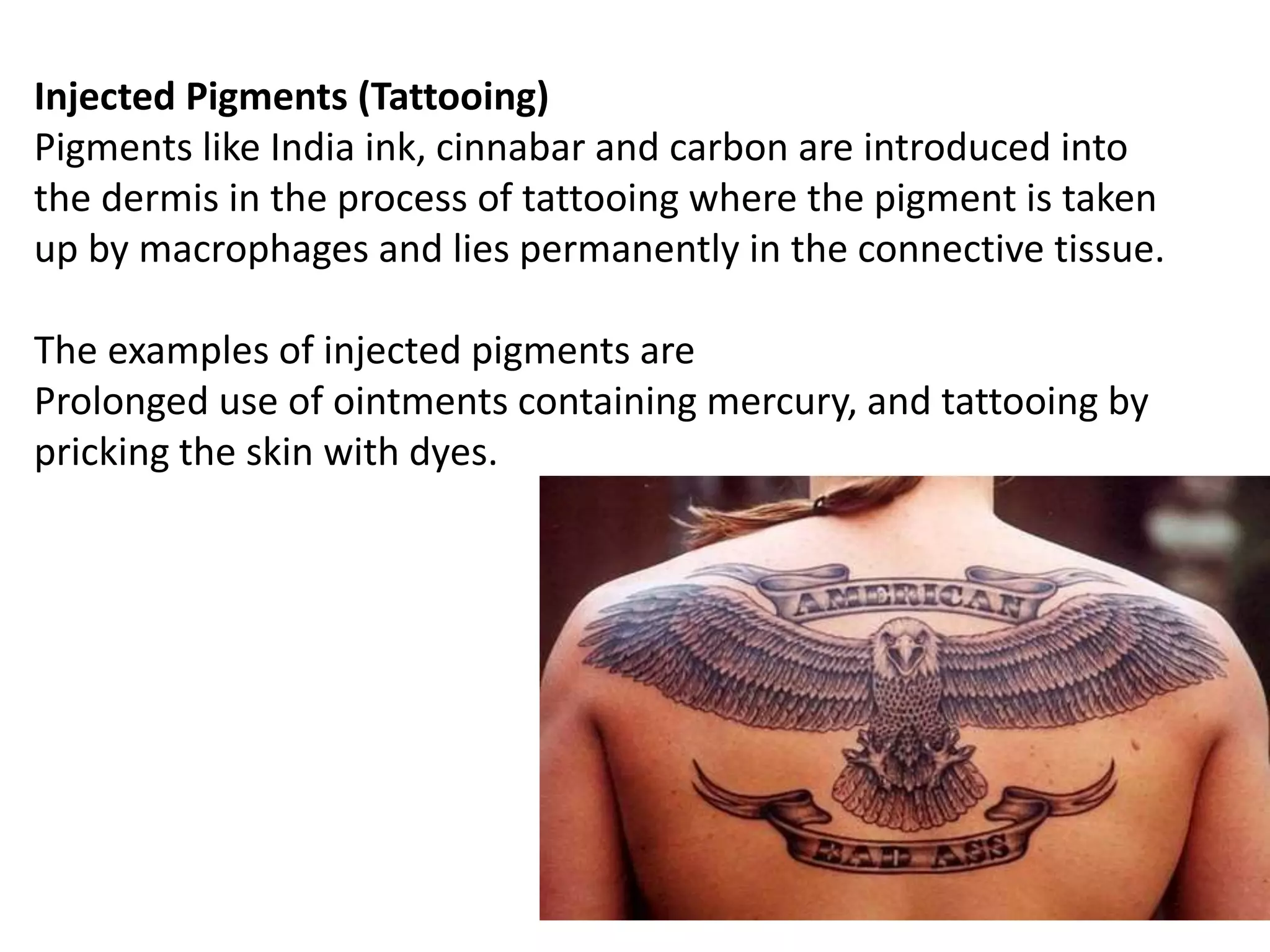 Injected Pigments (Tattooing)
Pigments like India ink, cinnabar and carbon are introduced into
the dermis in the process of tattooing where the pigment is taken
up by macrophages and lies permanently in the connective tissue.
The examples of injected pigments are
Prolonged use of ointments containing mercury, and tattooing by
pricking the skin with dyes.
 