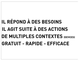 IL RÉPOND À DES BESOINS
IL AGIT SUITE À DES ACTIONS
DE MULTIPLES CONTEXTES (DEVICES)
GRATUIT - RAPIDE - EFFICACE
 