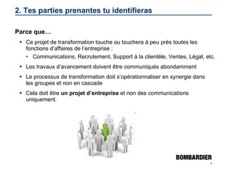2. Tes parties prenantes tu identifieras Parce que… Ce projet de transformation touche ou touchera à peu près toutes les fonctions d’affaires de l’entreprise : Communications, Recrutement, Support à la clientèle, Ventes, Légal, etc.  Les travaux d’avancement doivent être communiqués abondamment Le processus de transformation doit s’opérationnaliser en synergie dans  les groupes et non en cascade Cela doit être  un projet d’entreprise  et non des communications uniquement. 