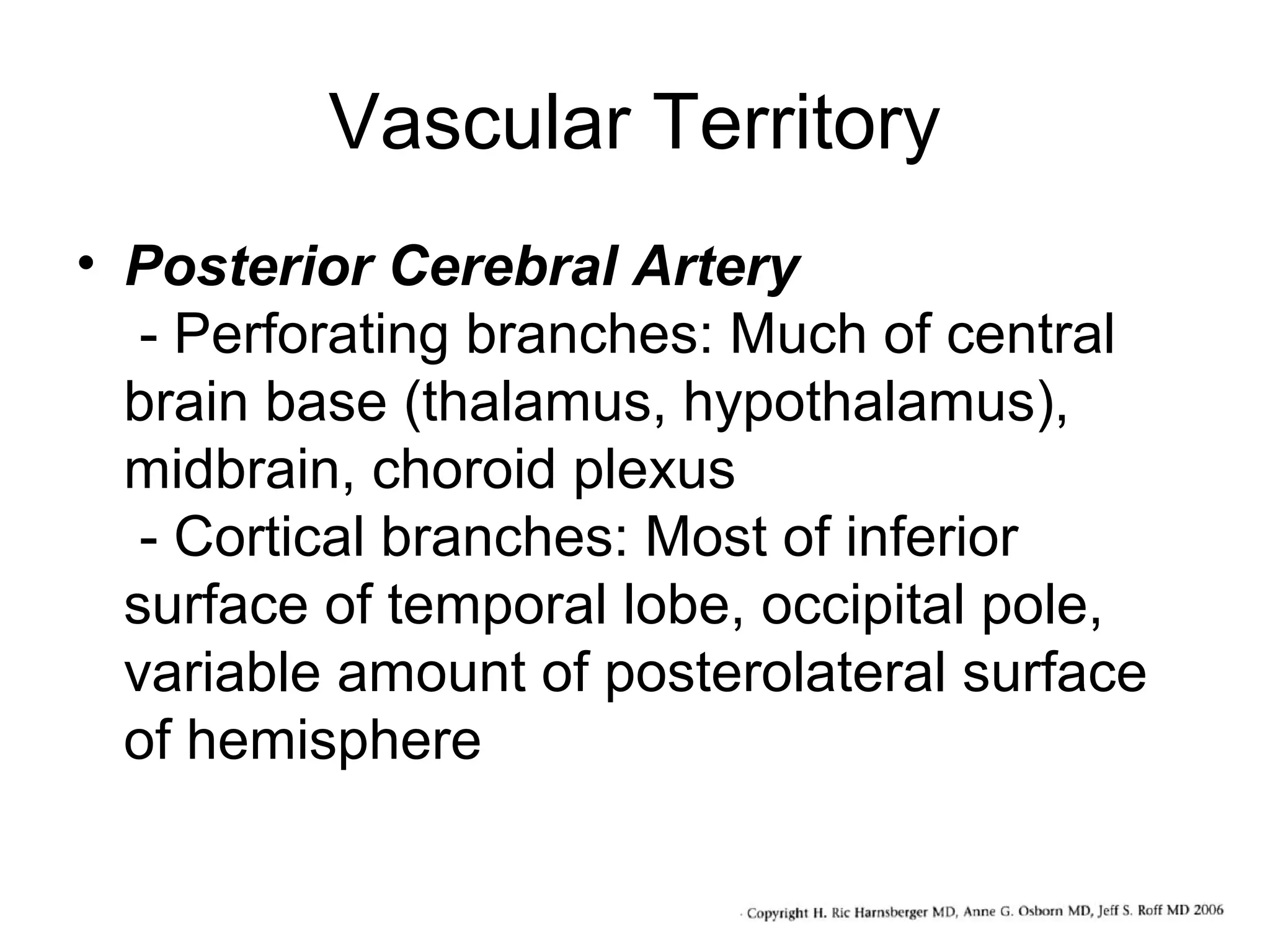 Vascular Territory
• Posterior Cerebral Artery
- Perforating branches: Much of central
brain base (thalamus, hypothalamus),
midbrain, choroid plexus
- Cortical branches: Most of inferior
surface of temporal lobe, occipital pole,
variable amount of posterolateral surface
of hemisphere

 