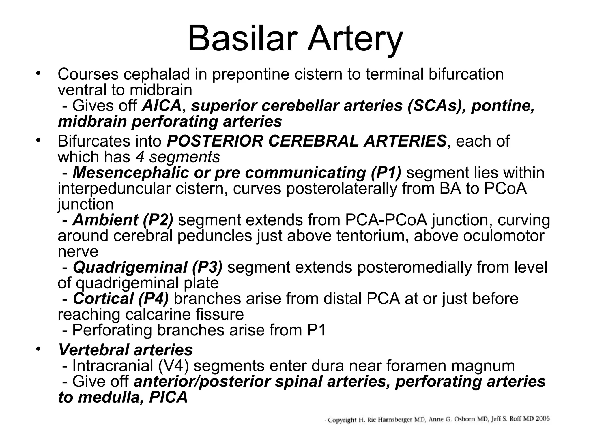 Basilar Artery
•

Courses cephalad in prepontine cistern to terminal bifurcation
ventral to midbrain
- Gives off AICA, superior cerebellar arteries (SCAs), pontine,
midbrain perforating arteries
• Bifurcates into POSTERIOR CEREBRAL ARTERIES, each of
which has 4 segments
- Mesencephalic or pre communicating (P1) segment lies within
interpeduncular cistern, curves posterolaterally from BA to PCoA
junction
- Ambient (P2) segment extends from PCA-PCoA junction, curving
around cerebral peduncles just above tentorium, above oculomotor
nerve
- Quadrigeminal (P3) segment extends posteromedially from level
of quadrigeminal plate
- Cortical (P4) branches arise from distal PCA at or just before
reaching calcarine fissure
- Perforating branches arise from P1
• Vertebral arteries
- Intracranial (V4) segments enter dura near foramen magnum
- Give off anterior/posterior spinal arteries, perforating arteries
to medulla, PICA

 