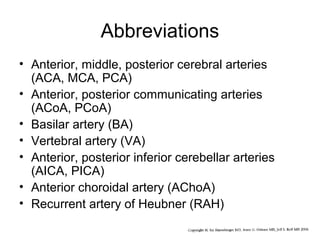Abbreviations
• Anterior, middle, posterior cerebral arteries
(ACA, MCA, PCA)
• Anterior, posterior communicating arteries
(ACoA, PCoA)
• Basilar artery (BA)
• Vertebral artery (VA)
• Anterior, posterior inferior cerebellar arteries
(AICA, PICA)
• Anterior choroidal artery (AChoA)
• Recurrent artery of Heubner (RAH)

 