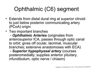 Ophthalmic (C6) segment
• Extends from distal dural ring at superior clinoid
to just below posterior communicating artery
(PCoA) origin
• Two important branches
- Ophthalmic Arteries (originates from
anterosuperior ICA, passes through optic canal
to orbit; gives off ocular, lacrimal, muscular
branches; extensive anastomoses with ECA)
- Superior hypophyseal artery (courses
posteromedially; supplies anterior pituitary,
infundibulum, optic nerve / chiasm)

 
