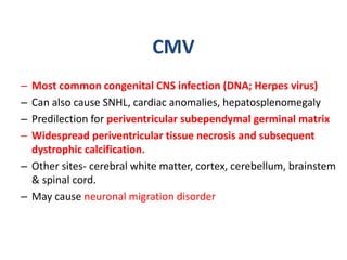 CMV
– Most common congenital CNS infection (DNA; Herpes virus)
– Can also cause SNHL, cardiac anomalies, hepatosplenomegaly
– Predilection for periventricular subependymal germinal matrix
– Widespread periventricular tissue necrosis and subsequent
dystrophic calcification.
– Other sites- cerebral white matter, cortex, cerebellum, brainstem
& spinal cord.
– May cause neuronal migration disorder
 