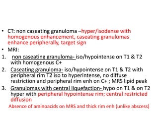 • CT: non caseating granuloma –hyper/isodense with
homogenous enhancement, caseating granulomas
enhance peripherally, target sign
• MRI:
1. non caseating granuloma- iso/hypointense on T1 & T2
with homogenous C+
2. Caseating granuloma- iso/hypointense on T1 & T2 with
peripheral rim T2 iso to hyperintense, no diffuse
restriction and peripheral rim enh on C+ ; MRS lipid peak
3. Granulomas with central liquefaction- hypo on T1 & on T2
hyper with peripheral hypointense rim; central restricted
diffusion
Absence of aminoacids on MRS and thick rim enh (unlike abscess)
 