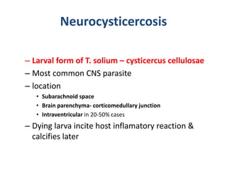 Neurocysticercosis
– Larval form of T. solium – cysticercus cellulosae
– Most common CNS parasite
– location
• Subarachnoid space
• Brain parenchyma- corticomedullary junction
• Intraventricular in 20-50% cases
– Dying larva incite host inflamatory reaction &
calcifies later
 