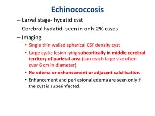 Echinococcosis
– Larval stage- hydatid cyst
– Cerebral hydatid- seen in only 2% cases
– Imaging
• Single thin walled spherical CSF density cyst
• Large cystic lesion lying subcortically in middle cerebral
territory of parietal area (can reach large size often
over 6 cm in diameter).
• No edema or enhancement or adjacent calcification.
• Enhancement and perilesional edema are seen only if
the cyst is superinfected.
 