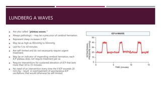 LUNDBERG A WAVES
 Are also called “plateau waves.”
 Always pathologic – may be a precursor of cerebral herniation.
 Represent steep increases in ICP
 May be as high as 40mmHg to 50mmHg
 Last for 5 to 10 minutes.
 Are self-limited and do not necessarily require urgent
treatment.
 May be an indicator of impending cerebral herniation, each
ICP plateau does not require treatment per se.
 Require interventions for sustained elevation of ICP that lasts
more than 10 to 15 minutes.
 No need of an intervention every time the if ICP exceeds 20
mm Hg – result in overtreatment of spontaneous ICP
oscillations that would otherwise be self-limited.
 