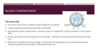 BLOOD COMPARTMENT
The venous side
 The venous side of the circulation should initially be considered.
 Largely a passive compartment and often overlooked.
 Engorgement of this compartment - common cause of increased ICP or poor conditions in the surgical
field .
 A head-up posture to ensure good venous drainage - standard in neurosurgical anesthesia and critical
care.
 Obstruction of cerebral venous drainage - by extremes of head position or circumferential pressure
should be avoided (cervical collars, endotracheal tube ties).
 