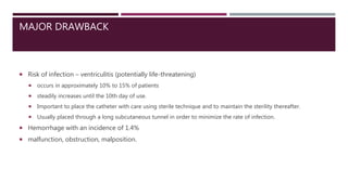MAJOR DRAWBACK
 Risk of infection – ventriculitis (potentially life-threatening)
 occurs in approximately 10% to 15% of patients
 steadily increases until the 10th day of use.
 Important to place the catheter with care using sterile technique and to maintain the sterility thereafter.
 Usually placed through a long subcutaneous tunnel in order to minimize the rate of infection.
 Hemorrhage with an incidence of 1.4%
 malfunction, obstruction, malposition.
 