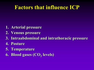 Factors that influence ICP
1. Arterial pressure
2. Venous pressure
3. Intraabdominal and intrathoracic pressure
4. Posture
5. Temperature
6. Blood gases (CO2 levels)
 